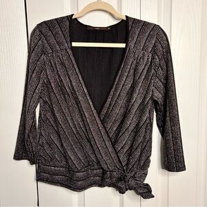 Anthropologie Azel Hazel Haze Medium‎ V-Neck Wrap Tie Black Metallic Blouse Top
